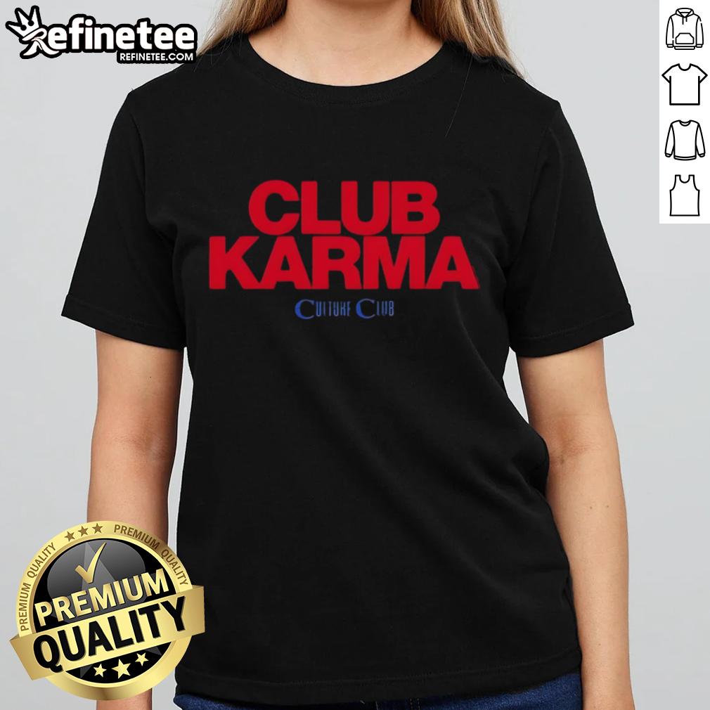 Official Culture Club Karma Black Ladies Tee Alt Text: Official Culture Club Karma Black Ladies Tee featuring vibrant graphics and stylish design for women fans.