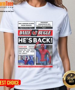 Daily Bugle tee featuring Spider-Man, humorously titled 'He's Back' as he spots terrorizing citizens again.