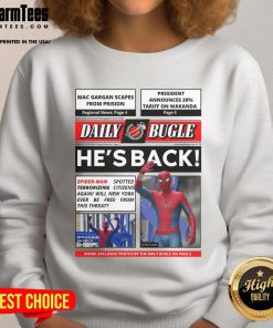 Official Daily Bugle 'Hes Back' Spider-Man sweatshirt featuring a bold graphic of Spider-Man in action, perfect for fans.