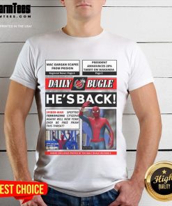 Official Daily Bugle 'Hes Back' Spider-Man T-Shirt featuring Spider-Man terrorizing citizens, perfect for comic fans.