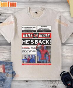 Spider-Man spotted in the city, featured on an Official Daily Bugle washed t-shirt, capturing his chaotic return.