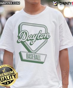Alt Text: Official Dayton Baseball Home Plate Log T-Shirt featuring a stylish design perfect for fans and players alike.