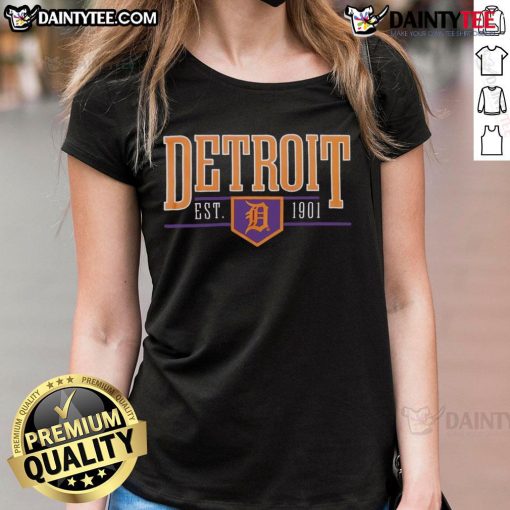 Vintage ladies tee featuring the official Detroit Tigers logo, established 1901, perfect for fans of the iconic baseball team.