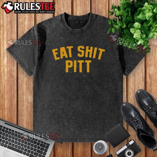 Official Eat Shit Pitt West Virginia Mountaineers Football washed t-shirt in blue with team logo and slogan design.