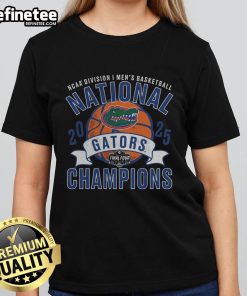 Official Florida Gators 2025 NCAA Men's Basketball National Champions vintage ladies tee in vibrant blue and orange colors.