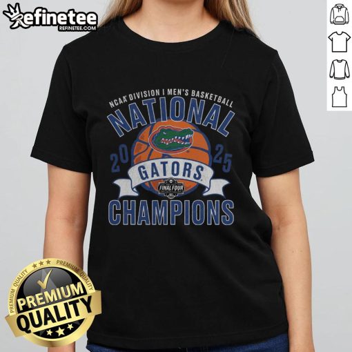 Official Florida Gators 2025 NCAA Men's Basketball National Champions vintage ladies tee in vibrant blue and orange colors.
