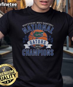 Official Florida Gators 2025 NCAA Men's Basketball National Champions vintage T-shirt featuring team colors and logo.