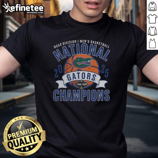 Official Florida Gators 2025 NCAA Men's Basketball National Champions vintage T-shirt featuring team colors and logo.