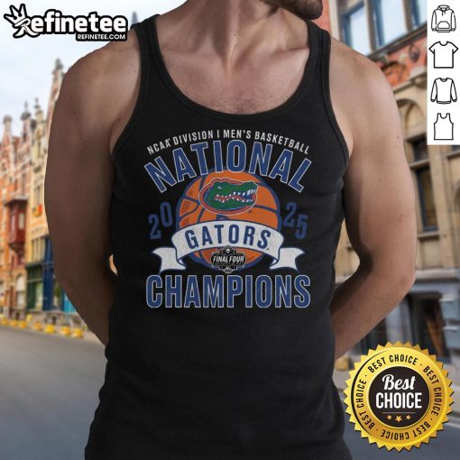 Official Florida Gators 2025 NCAA Men's Basketball National Champions vintage tank top in blue and orange design.