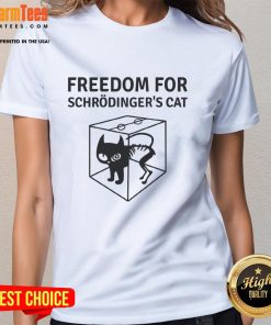 Alt Text: Official Freedom For Schrdinger's Cat Ladies Tee featuring a playful cat graphic and vibrant colors on a stylish shirt.