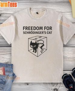 Official Freedom For Schrodinger's Cat Washed T-Shirt featuring a playful design, perfect for cat lovers and science enthusiasts.
