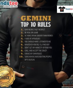 Official Gemini Top 10 Rules Hoodie showcasing stylish design and high-quality fabric for astrology enthusiasts.
