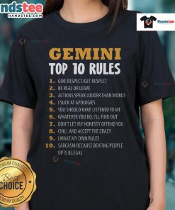 Official Gemini Top 10 Rules Ladies Tee featuring stylish design and vibrant colors, perfect for Gemini zodiac fans.