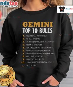 Official Gemini Top 10 Rules Sweatshirt featuring stylish design and comfortable fit for astrology enthusiasts.