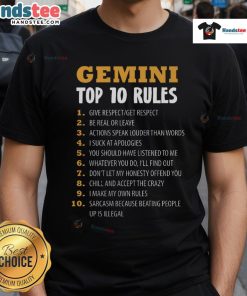 Official Gemini Top 10 Rules T-Shirt featuring vibrant graphics and a stylish design for astrology enthusiasts.