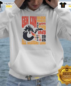 Official GenCon 2025 All Weekend Long Hoodie featuring vibrant graphics and comfortable design for gaming enthusiasts.