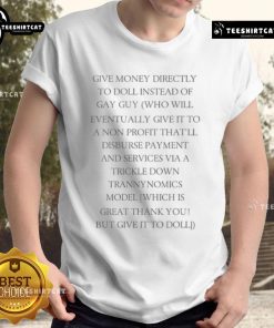 Official Give Money Directly To Doll Instead Of Gay Guy graphic promoting direct donations to a doll, humorously illustrated.
