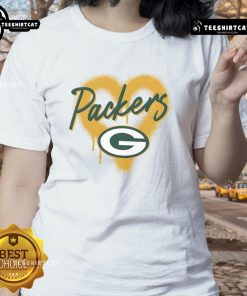 Alt Text: Official Green Bay Packers Football Spray Heart Ladies Tee in green, featuring a stylish heart design and team logo.