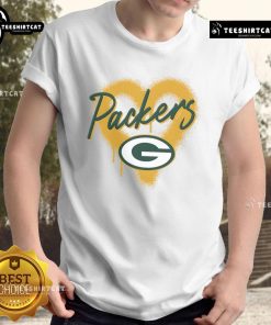 Alt Text: Official Green Bay Packers Football Spray Heart T-Shirt featuring a stylish heart design in team colors.