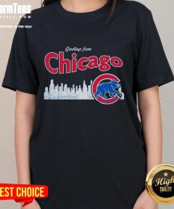 Chicago Cubs Skyline Ladies Tee featuring official team logo and city skyline design, perfect for fans and fashion.