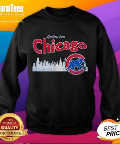 Official Greetings From Chicago Cubs Skyline Sweatshirt featuring iconic Chicago skyline and Cubs logo in vibrant colors.
