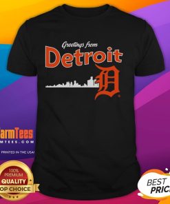 Alt Text: Official Greetings from Detroit Tigers Skyline T-Shirt featuring a vibrant skyline design and the Tigers logo.