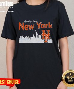 Official Greetings From New York Mets Skyline Ladies Tee featuring the iconic NYC skyline and Mets logo.