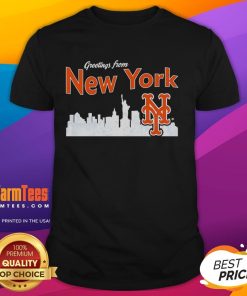 Official Greetings From New York Mets Skyline T-Shirt featuring vibrant city skyline and team logo design.
