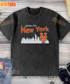 Alt Text: Official New York Mets skyline washed t-shirt featuring a vibrant cityscape design for fans and collectors.