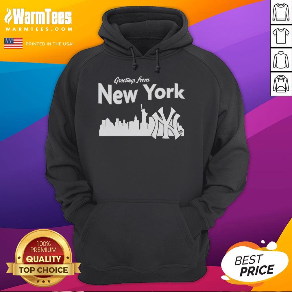 Official Greetings From New York Yankees Skyline Hoodie Alt Text: Official New York Yankees Skyline Hoodie featuring iconic NYC skyline design and team logo, perfect for fans.