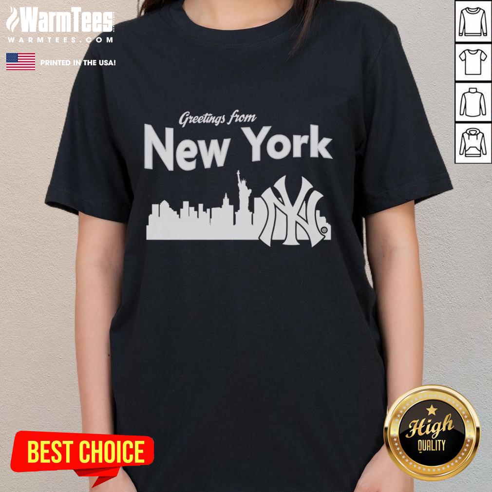 Official Greetings From New York Yankees Skyline Ladies Tee Official Greetings from New York Yankees Skyline Ladies Tee featuring iconic NYC skyline and Yankees logo design.