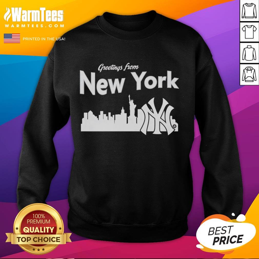 Official Greetings From New York Yankees Skyline Sweatshirt Official New York Yankees skyline sweatshirt featuring iconic NYC skyline and team logo for stylish sports fans.