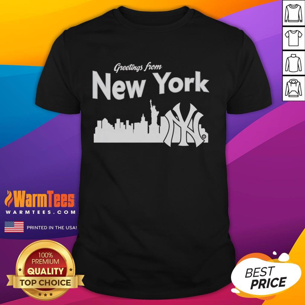 Official Greetings From New York Yankees Skyline T Shirt Official New York Yankees Skyline T-Shirt featuring iconic NYC skyline and team logo, perfect for fans and collectors.