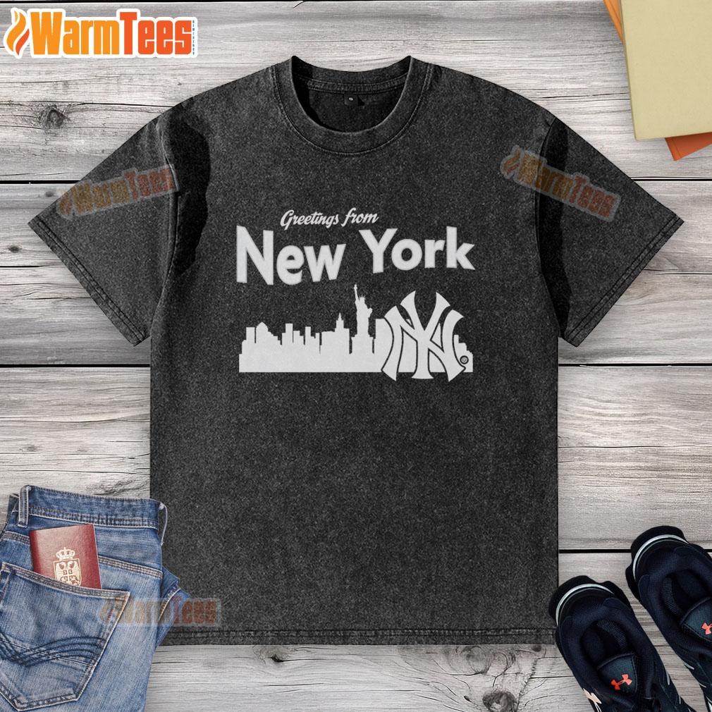 Official Greetings From New York Yankees Skyline Washed T Shirt Official New York Yankees Skyline Washed T-Shirt featuring iconic city skyline design for fans and collectors.