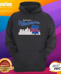 Official Greetings From Philadelphia Phillies Skyline Hoodie showcasing iconic Philly skyline and team logo design.