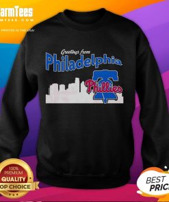 Official Greetings From Philadelphia Phillies Skyline Sweatshirt featuring iconic city skyline and team logo.