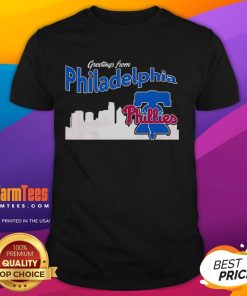 Official Greetings From Philadelphia Phillies Skyline T-Shirt featuring iconic city skyline and team logo design.