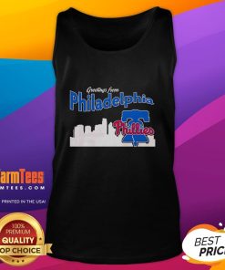 Official Greetings from Philadelphia Phillies Skyline Tank Top featuring iconic Philadelphia skyline and team logo.