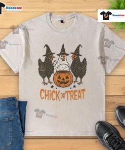 Funny Halloween chicken t-shirt featuring a playful design for Trick or Treat festivities, perfect for Halloween celebrations.