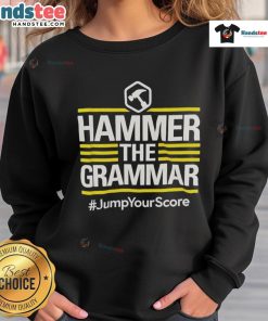 Official Hammer The Grammar Jump Your Score Sweatshirt in navy, featuring a stylish design for grammar enthusiasts.