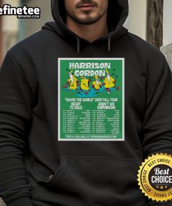 Official Harrison Gordon Saves The World 2025 Fall Tour Poster Hoodie featuring vibrant graphics and event details.