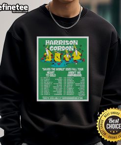 Official Harrison Gordon Saves The World 2025 Fall Tour poster on a sweatshirt, featuring vibrant colors and tour dates.