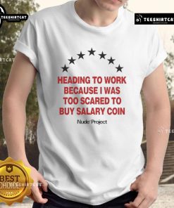 Person wearing 'Salary Coin' T-shirt, looking anxious while heading to work, reflecting fear of buying the trendy shirt.