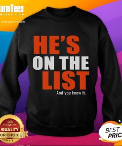Official He's On The List And You Know It Sweatshirt featuring bold text design, perfect for casual wear and holiday spirit.