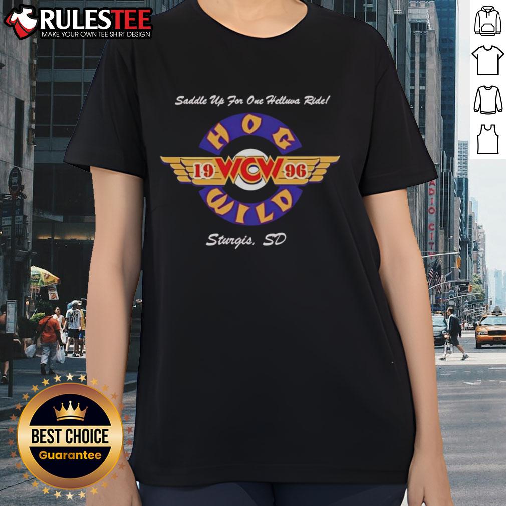 Official Hog Wild Saddle Up For One Helluva Ride 1996 Ladies Tee 1996 Official Hog Wild Saddle Up For One Helluva Ride ladies tee featuring bold graphics and vintage style.