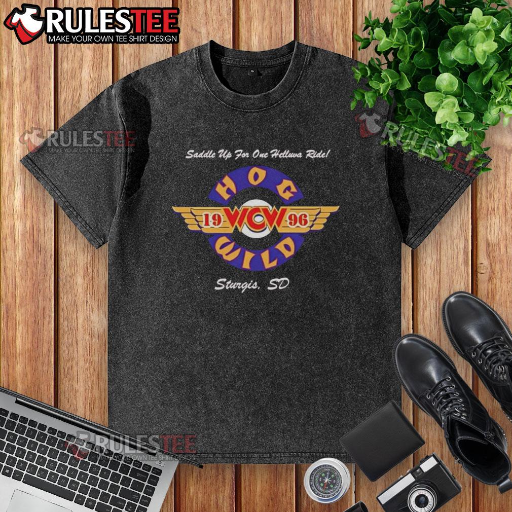 Official Hog Wild Saddle Up For One Helluva Ride 1996 Washed T Shirt Official Hog Wild Saddle Up For One Helluva Ride 1996 washed t-shirt featuring vintage motorcycle graphics and bold lettering.