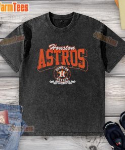 Alt Text: Official Houston Astros team badge on a washed t-shirt for American League fans, showcasing team spirit and style.