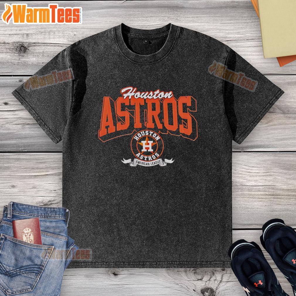 Official Houston Astros Team Badge American League Washed T Shirt Alt Text: Official Houston Astros team badge on a washed t-shirt for American League fans, showcasing team spirit and style.