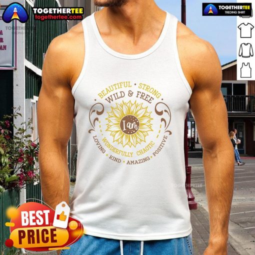 Official I Am Beautiful Strong Sunflower Tank Top featuring a vibrant sunflower design, perfect for casual summer wear.