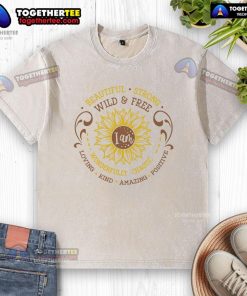Alt Text: Official I Am Beautiful Strong Sunflower washed t-shirt featuring a vibrant sunflower design on soft fabric.